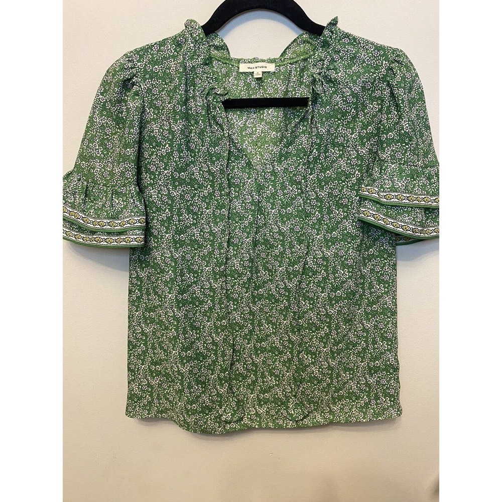 Max Studio Womens Green Floral Blouse Short Sleeve Scoop Neck Drawstring Size S
